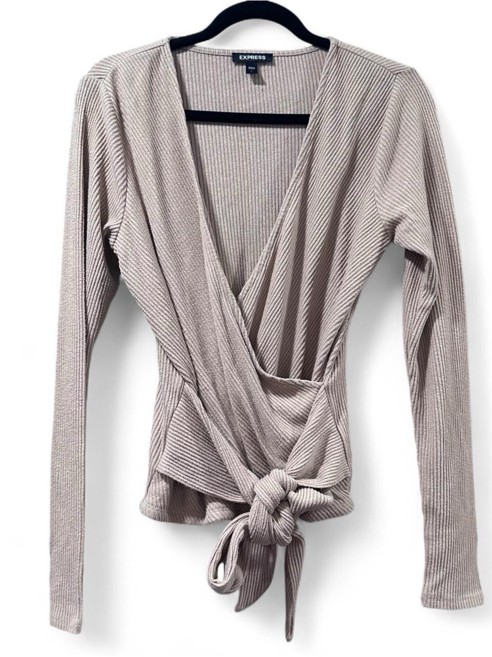 Express Taupe Ribbed Wrap Tie Long-Sleeve Top